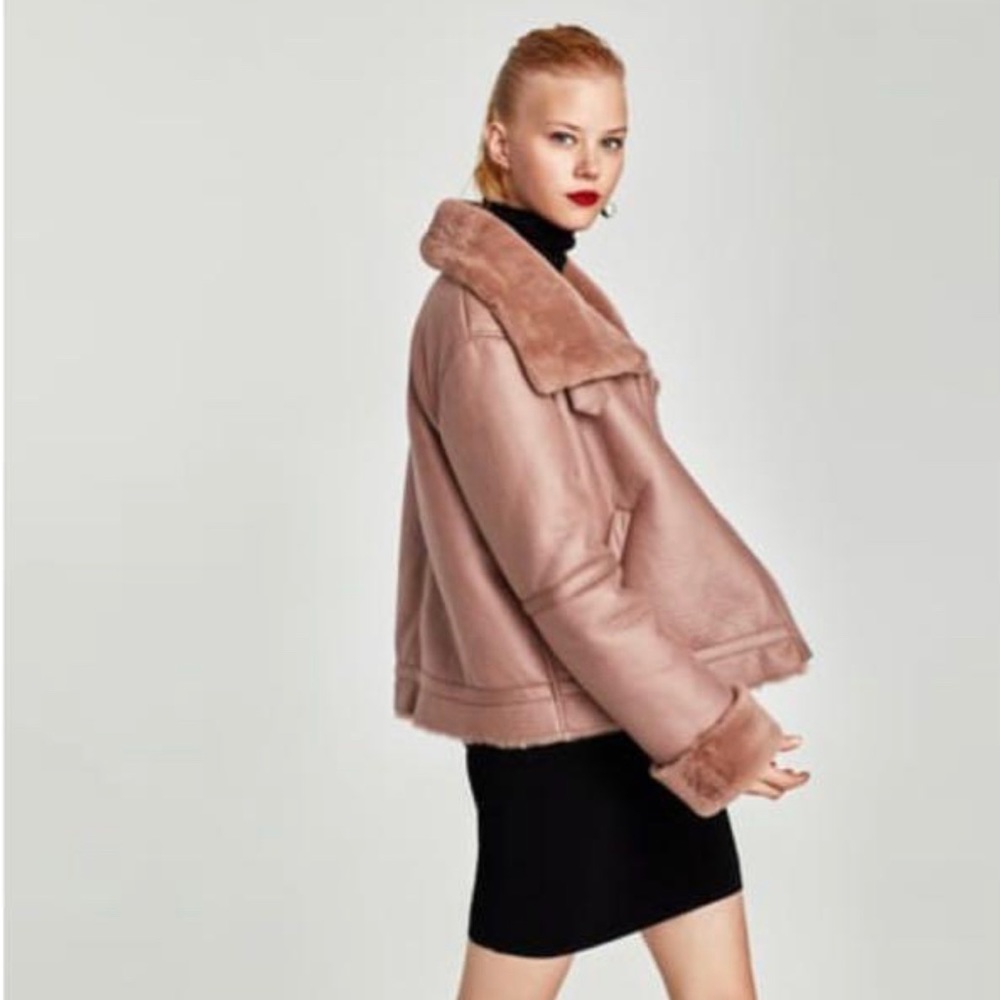 Zara Dusty Pink Faux Leather Fur Shearling Moto Jacket